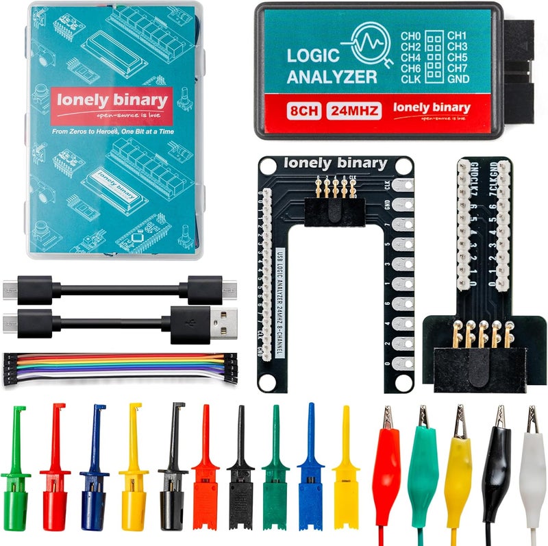 LONELY BINARY محلل المنطق 8 قنوات 24 ميجاهرتز مجموعة USB مع وحدة أساسية، لوحة تفريغ لوحة، كابلات USB-A وType-C، مشابك اختبار، مشابك تمساح متوافقة مع مشاريع Arduino ESP32 STEM DIY - Image 1